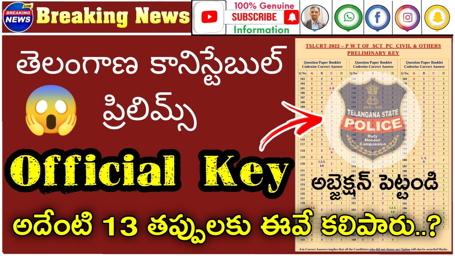 Telangana Police Constable Prilims Official Key | Just Now Released ...